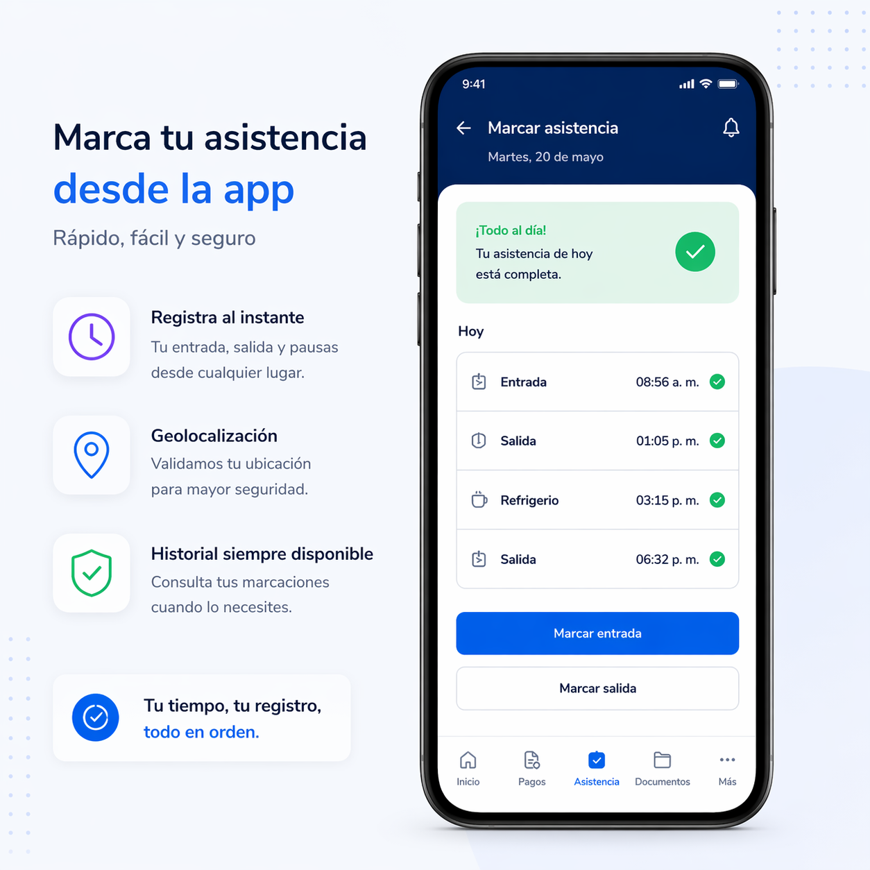 Vista de asistencia móvil con marcación, GPS y validación operativa